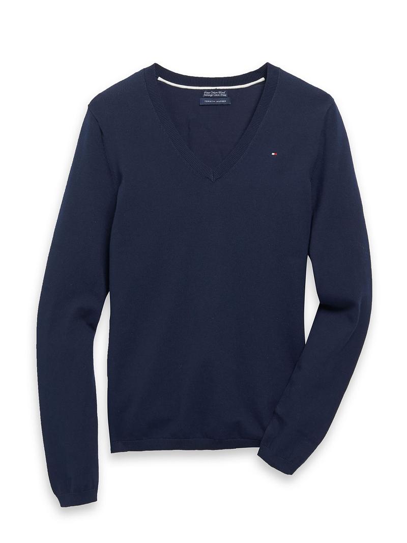 Női Tommy Hilfiger Essential Solid V-Neck Pulóverek Sötétkék | HU 351MQZ